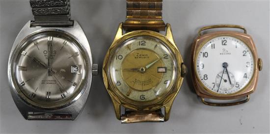 A 9ct gold Record watch and two other watches, Ores and Zewo